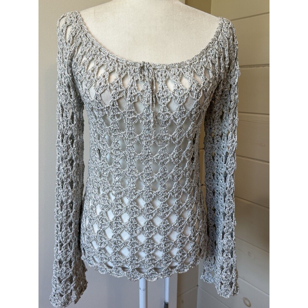 Handmade Crochet Chunky Bell Sleeve Shell Lace Top Mottled Gray S Boho Fairy